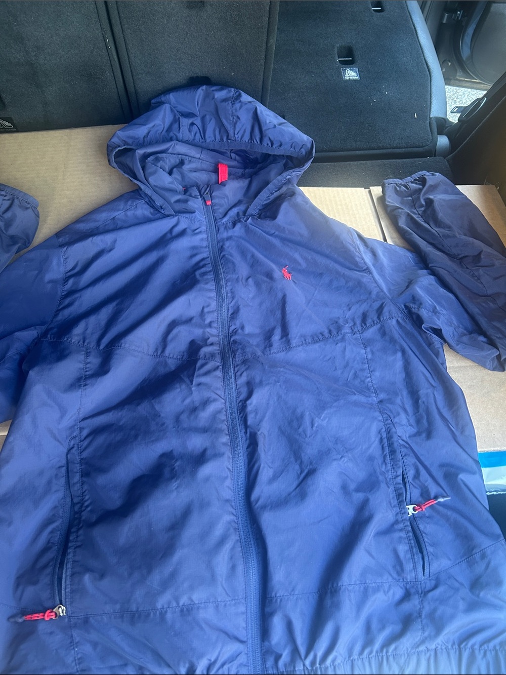 Polo by Ralph Lauren Navy Hooded Windbreaker with Red Logo Accents